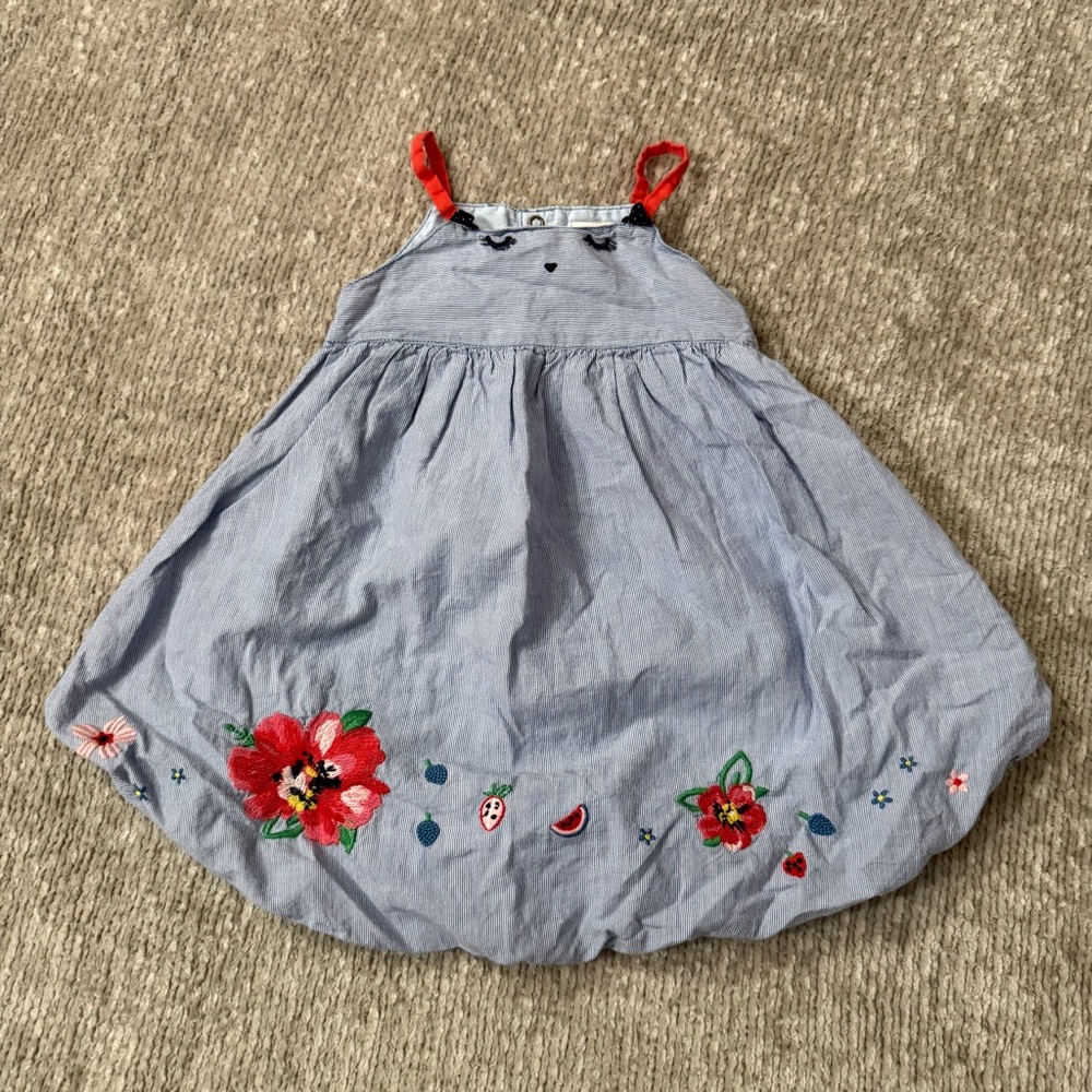 Catimini 18M Blue Chambray Romper Dress Embroidered Flowers Bubble Hem Summer